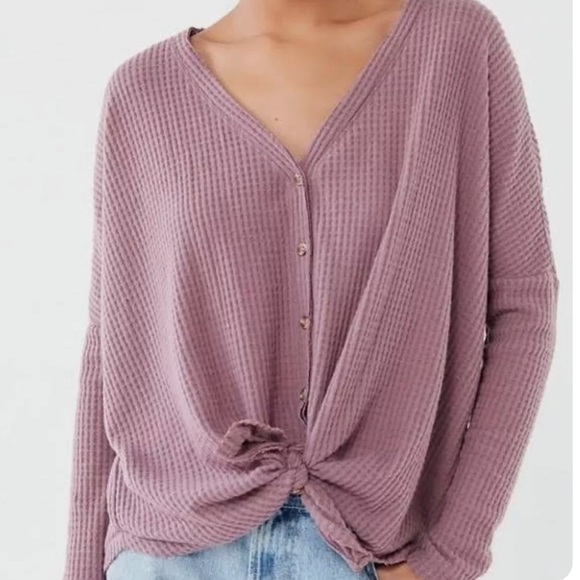 Urban Outfitters Tops - Urban Outfitters Out From Under Waffle Knit Tie Front Top Sweater Pink Purple